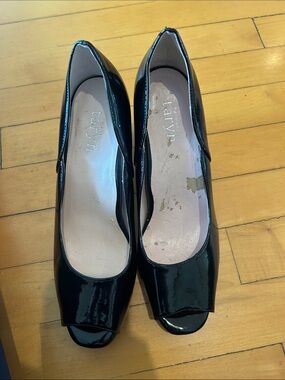 Taryn Rose Black Patent Peep-Toe Heels